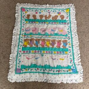 Vintage Sue Dreamer Baby Blanket Quilt Ruffle Animals Sheep Pig Bear 33x43